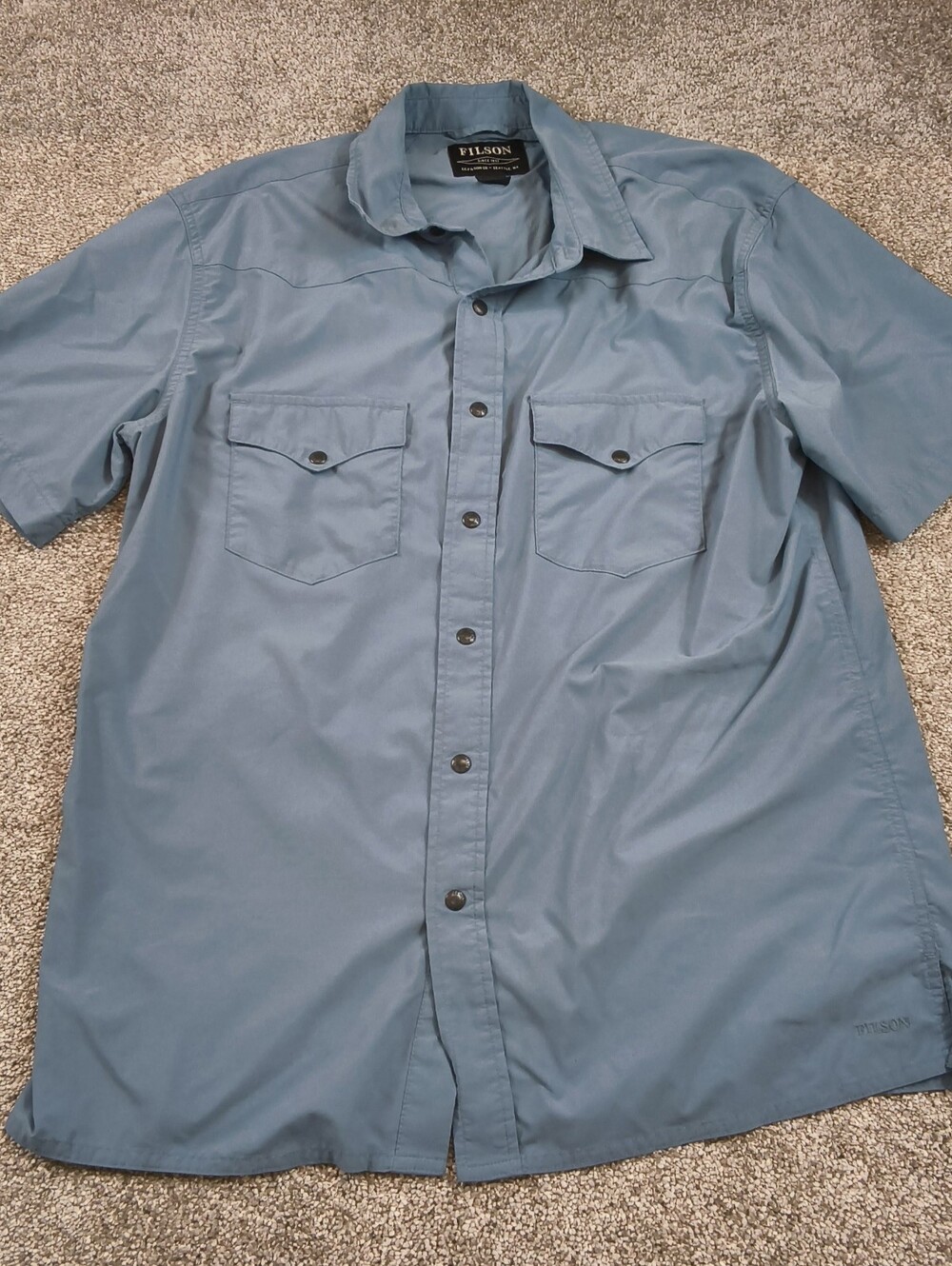Men Filson Western Solid Short Sleeve Snap Button Shirt Blue Size Medium
